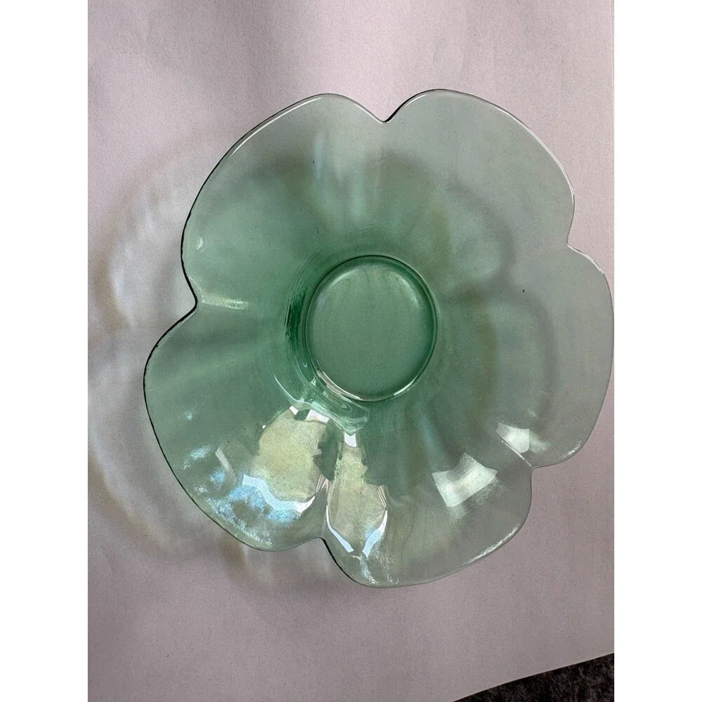 Vintage Green Glass Flower Trinket Jewelry Candle Holder Dish 5.5 